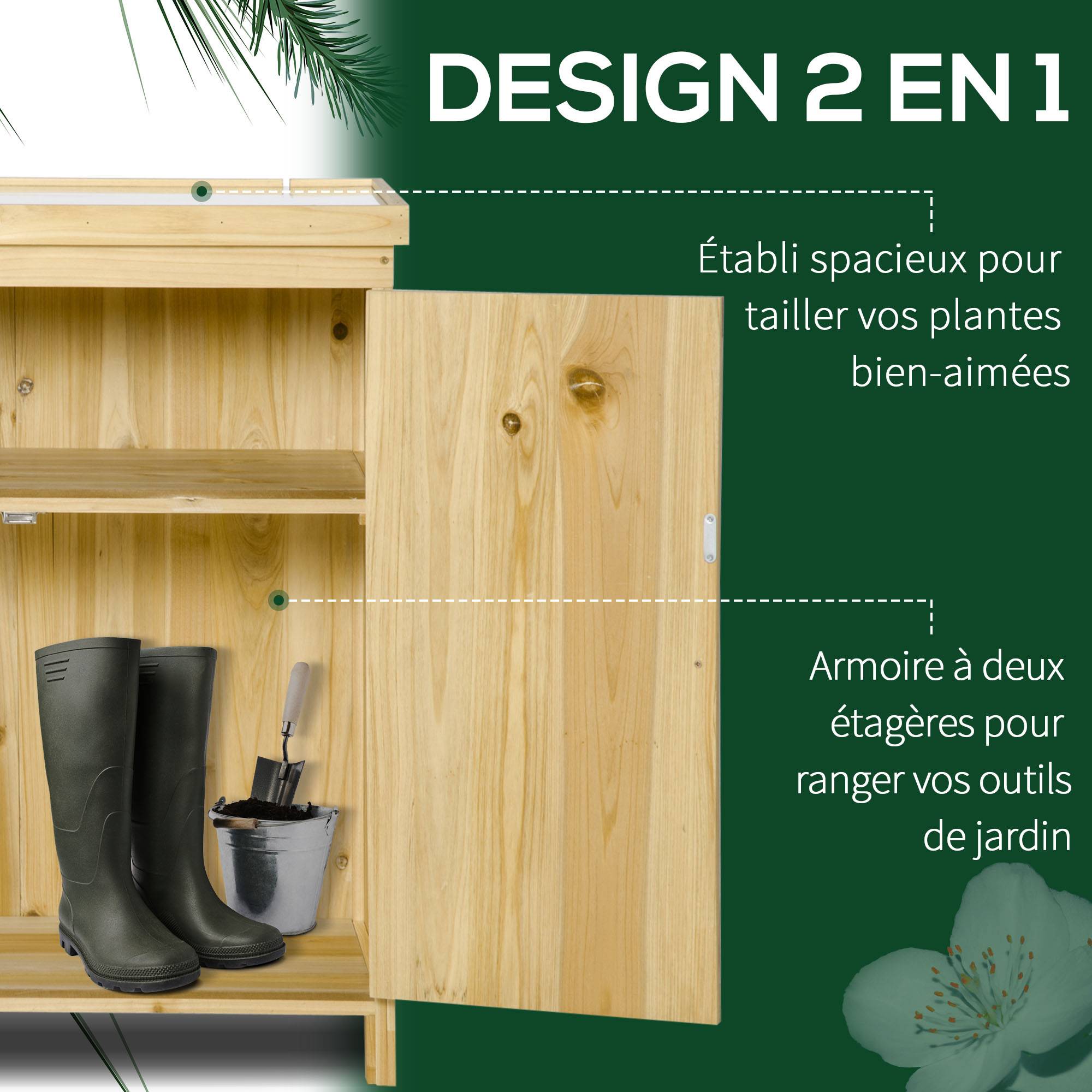 Outsunny - Armoire de jardin de rangement 80x45x92cm avec plateau métal galvanisé étagère double porte poignée pieds surélevés bois massif naturel - Outsunny - Image 4