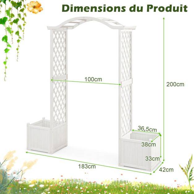 Arche de jardin avec jardinière en bois avec treillis pergola extérieur pour plantes grimpantes légumes décoration blanc - Image 4