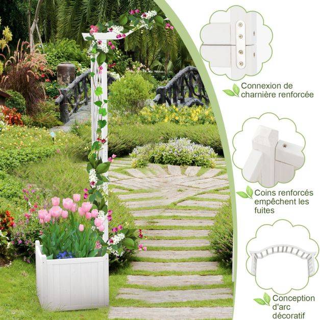 Arche de jardin avec jardinière en bois avec treillis pergola extérieur pour plantes grimpantes légumes décoration blanc - Image 3