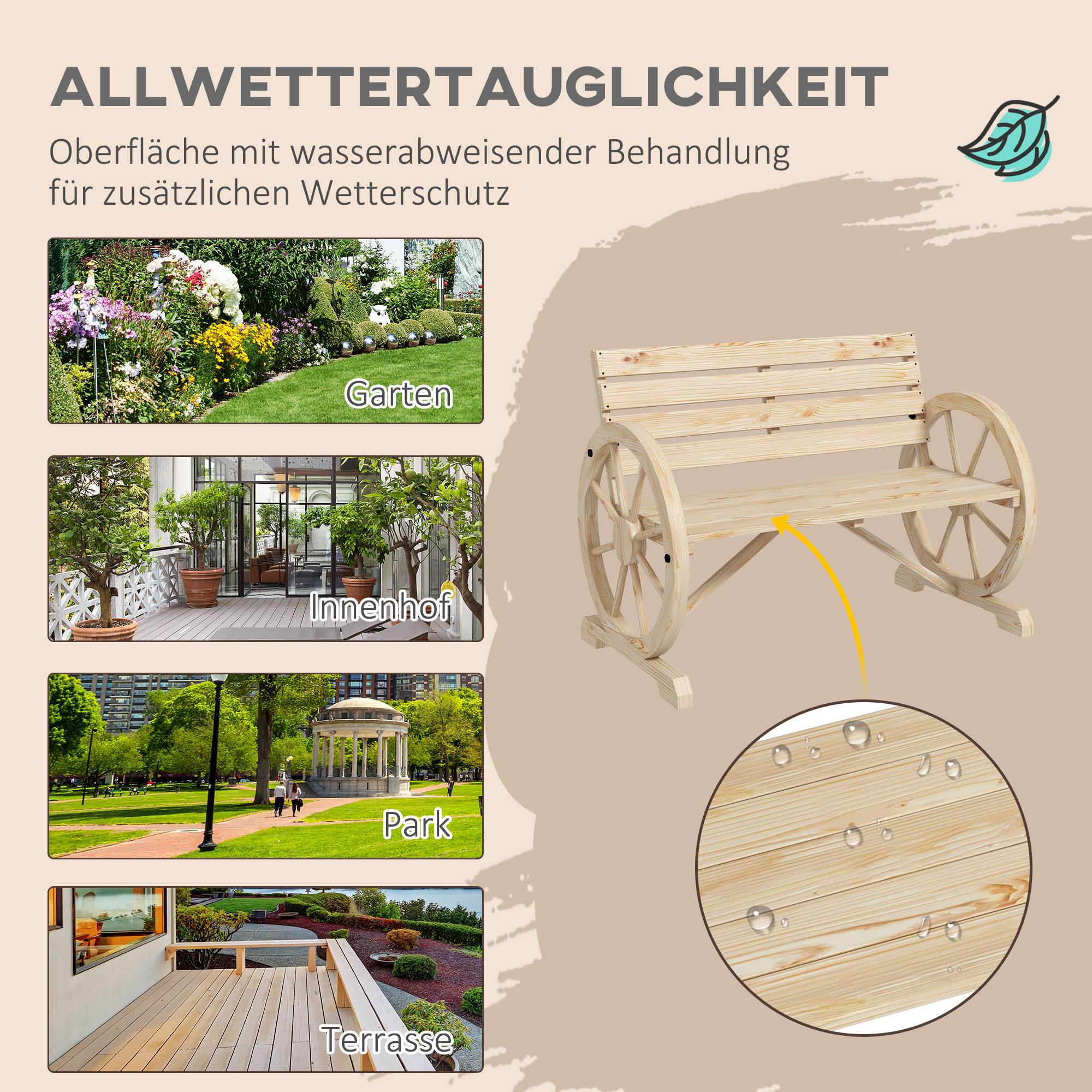 Banc Jardin Bois Sapin 2 Places Design Roue Charrette Rustique Extérieur 106cm - ComfortXL Outdoor Living - Image 5