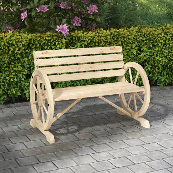 Banc Jardin Bois Sapin 2 Places Design Roue Charrette Rustique Extérieur 106cm - ComfortXL Outdoor Living - Image 1