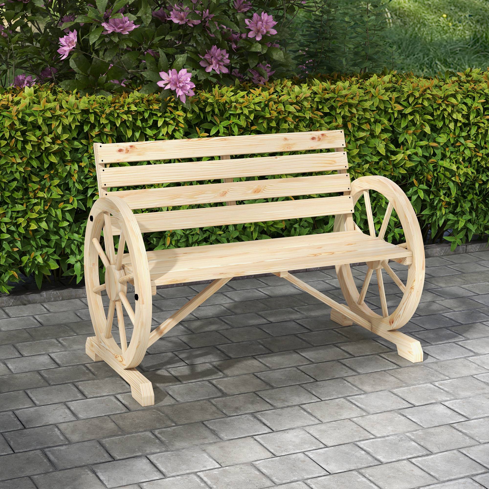Banc Jardin Bois Sapin 2 Places Design Roue Charrette Rustique Extérieur 106cm - ComfortXL Outdoor Living