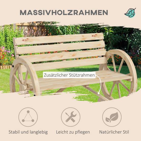 Banc Jardin Bois Sapin 2 Places Design Roue Charrette Rustique Extérieur 106cm - ComfortXL Outdoor Living - Image 3