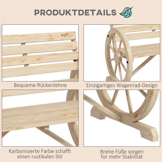 Banc Jardin Bois Sapin 2 Places Design Roue Charrette Rustique Extérieur 106cm - ComfortXL Outdoor Living - Image 4