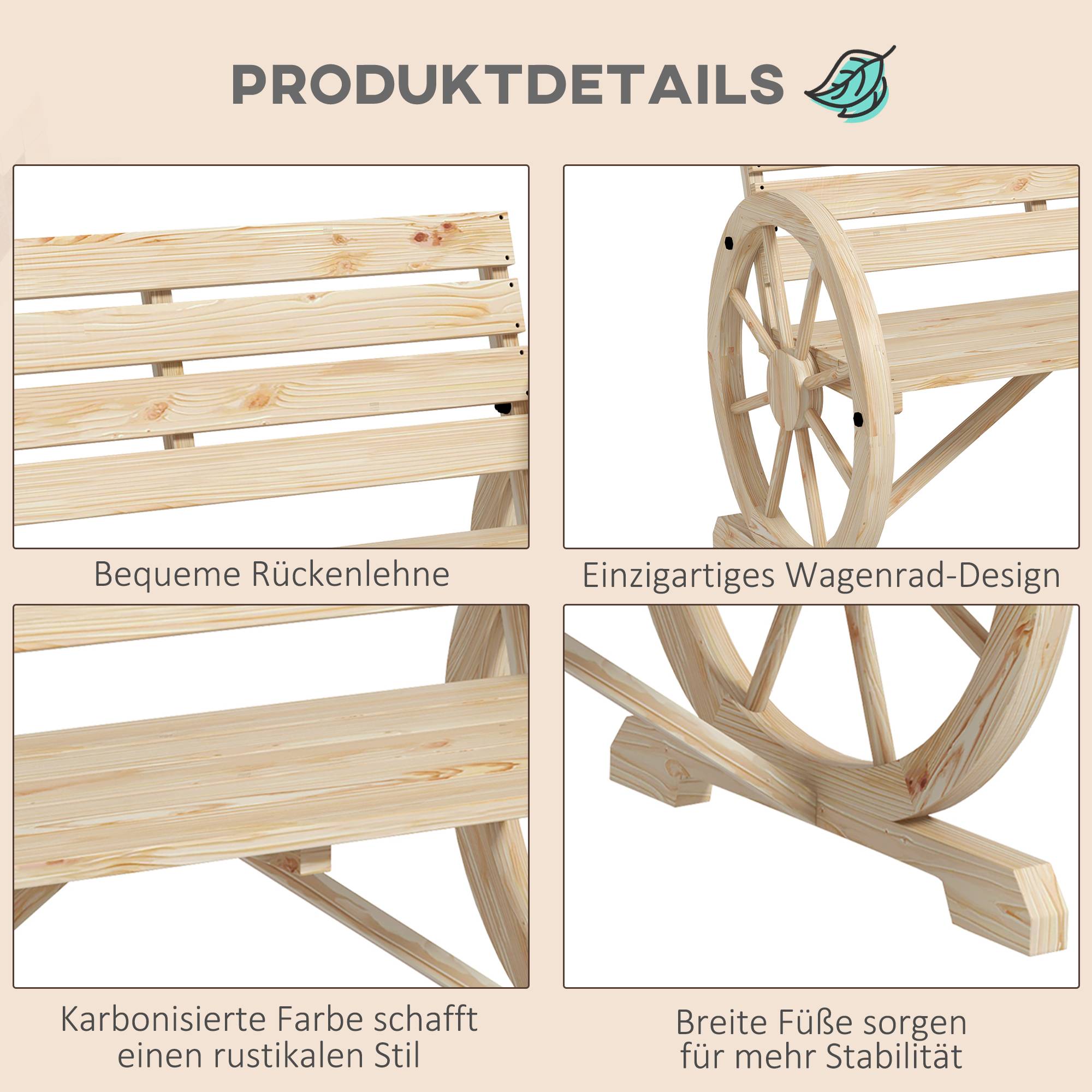 Banc Jardin Bois Sapin 2 Places Design Roue Charrette Rustique Extérieur 106cm - ComfortXL Outdoor Living - Image 4