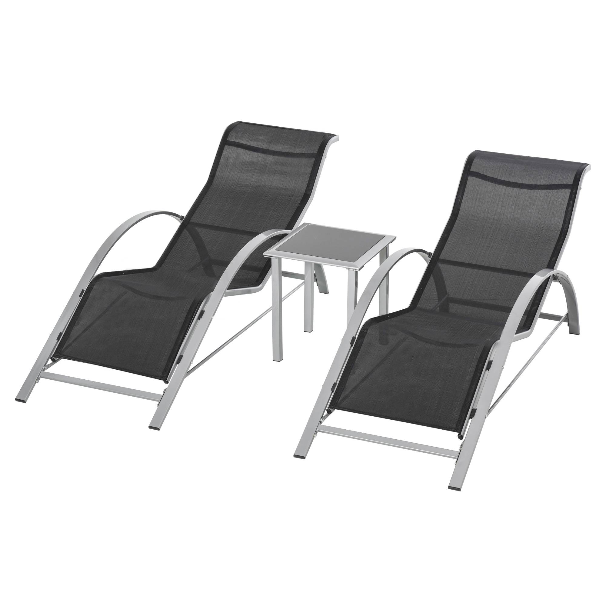 Lot de 2 transats jardin + table verre, lit bronzage tissu respirant, 59x169x66cm, noir gris - Image 2