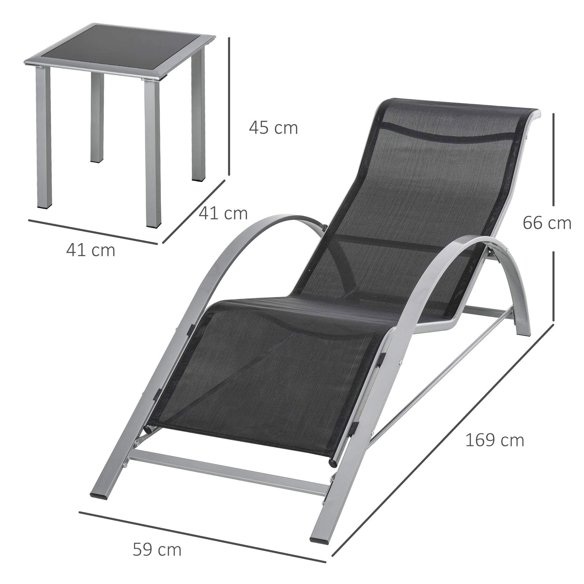 Lot de 2 transats jardin + table verre, lit bronzage tissu respirant, 59x169x66cm, noir gris - Image 5