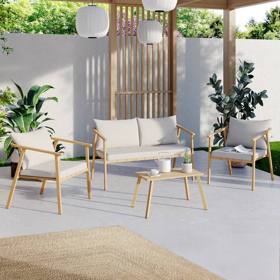 IDMARKET - Salon de jardin bas MALTA 4 places structure en métal effet bois, lanières et coussins beiges - Image 1