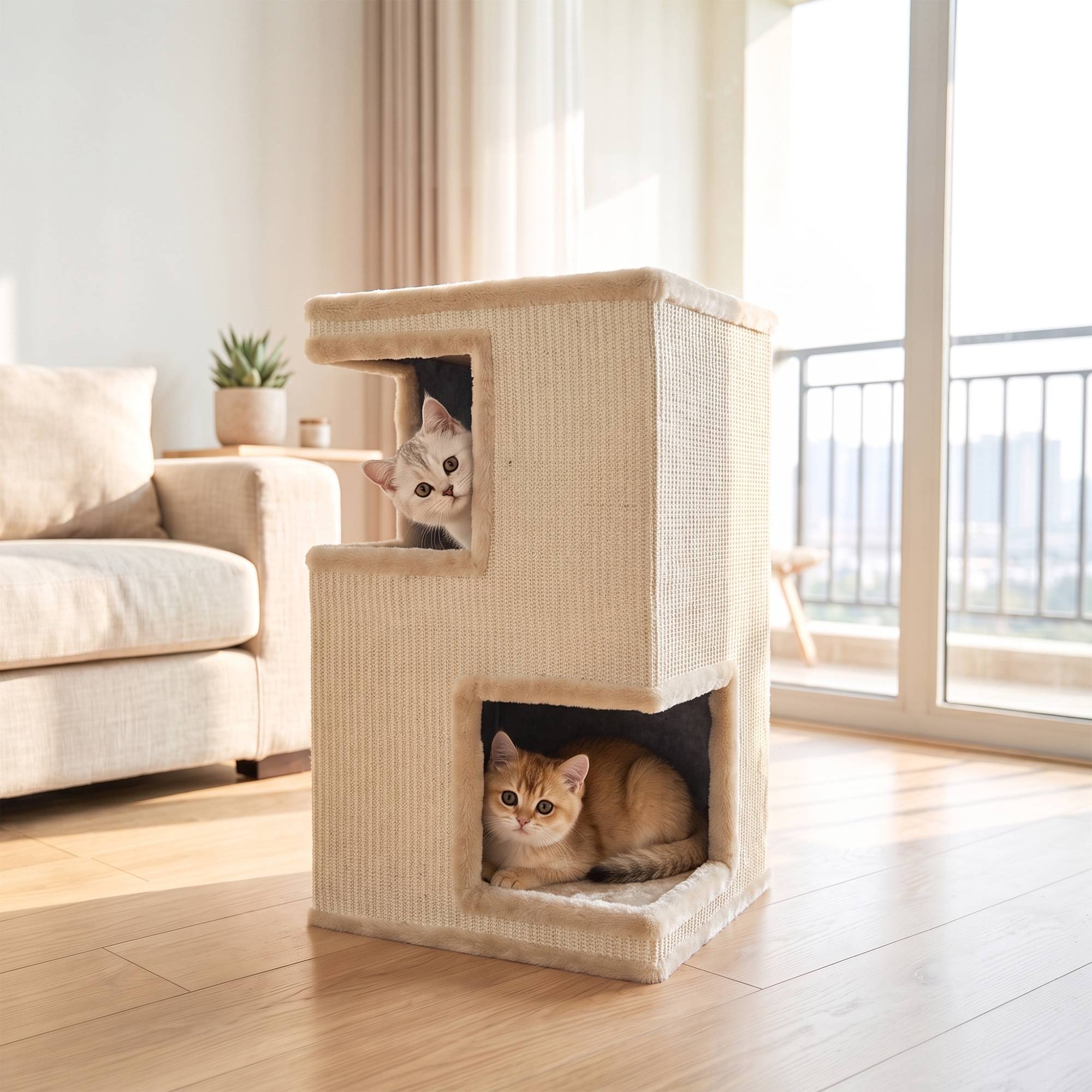 Sans Marque - Bac à litière à 3 niveaux pour chat d'intérieur, niche semi-fermée avec surfaces à griffer tout autour, 2 niches pour chats - Image 3