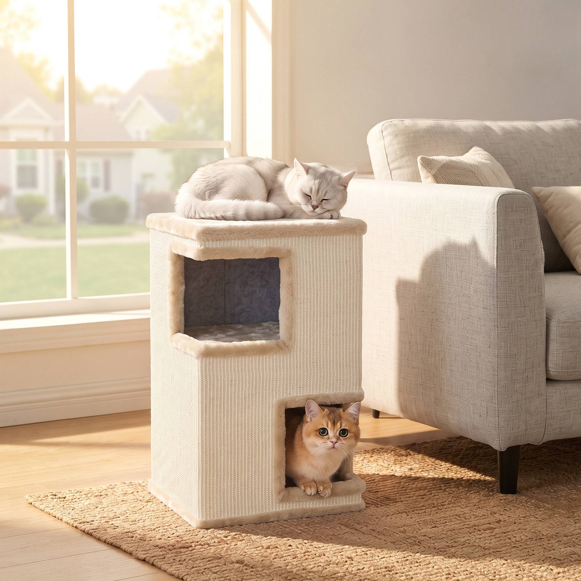 Sans Marque - Bac à litière à 3 niveaux pour chat d'intérieur, niche semi-fermée avec surfaces à griffer tout autour, 2 niches pour chats - Image 4