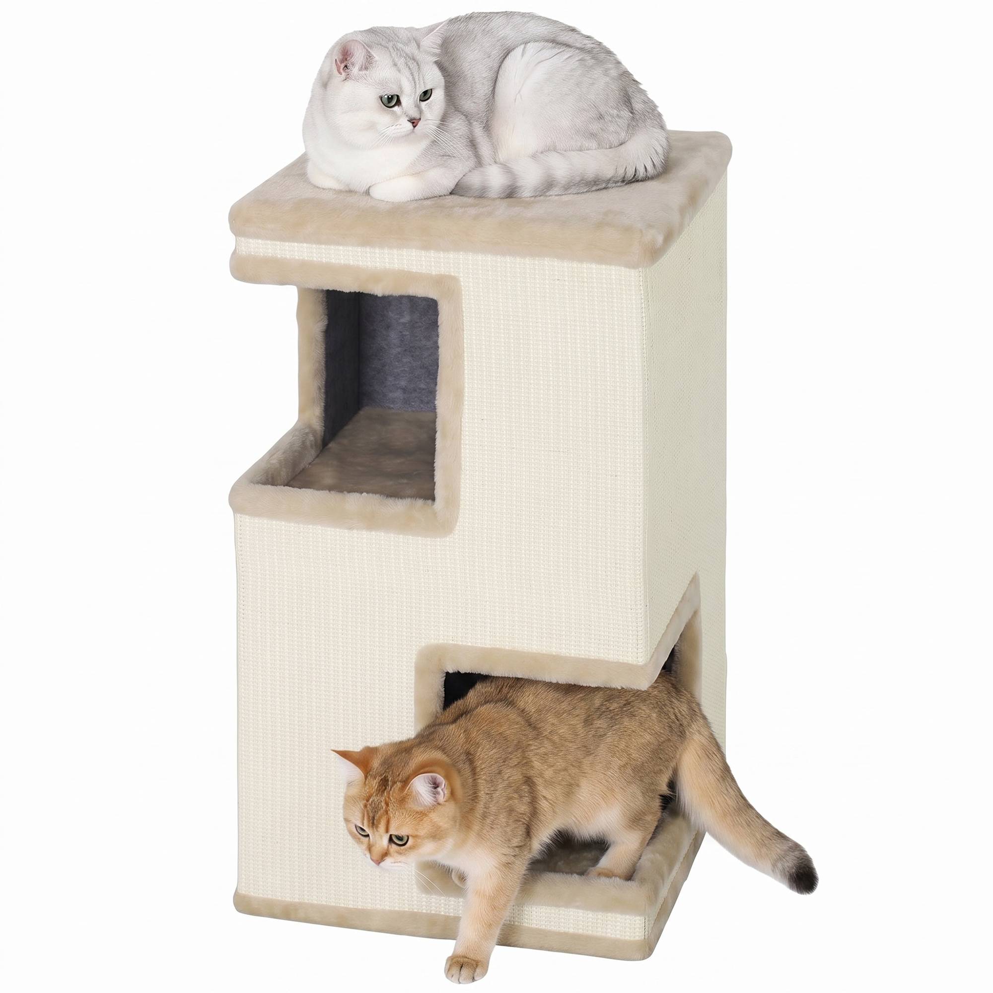 Sans Marque - Bac à litière à 3 niveaux pour chat d'intérieur, niche semi-fermée avec surfaces à griffer tout autour, 2 niches pour chats - Image 1