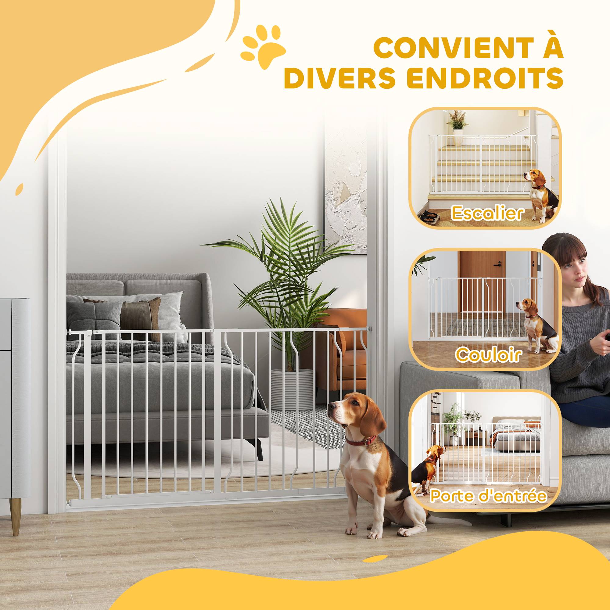 Barrière de sécurité extensible en acier pour chien porte double sens 145x76cm blanc - ComfortXL Outdoor Living - Image 9