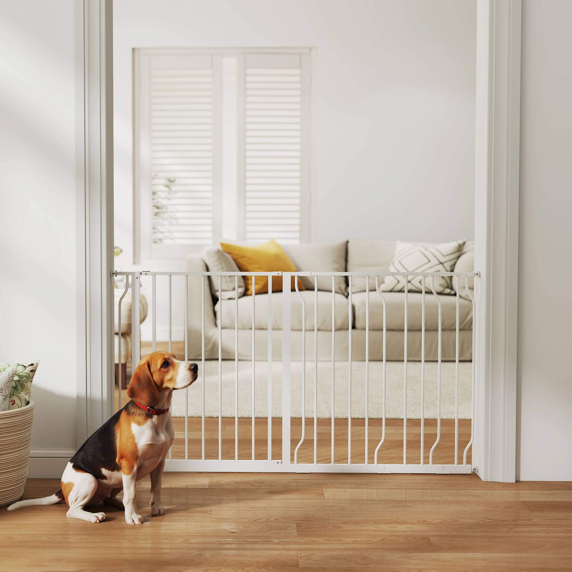Barrière de sécurité extensible en acier pour chien porte double sens 145x76cm blanc - ComfortXL Outdoor Living - Image 4