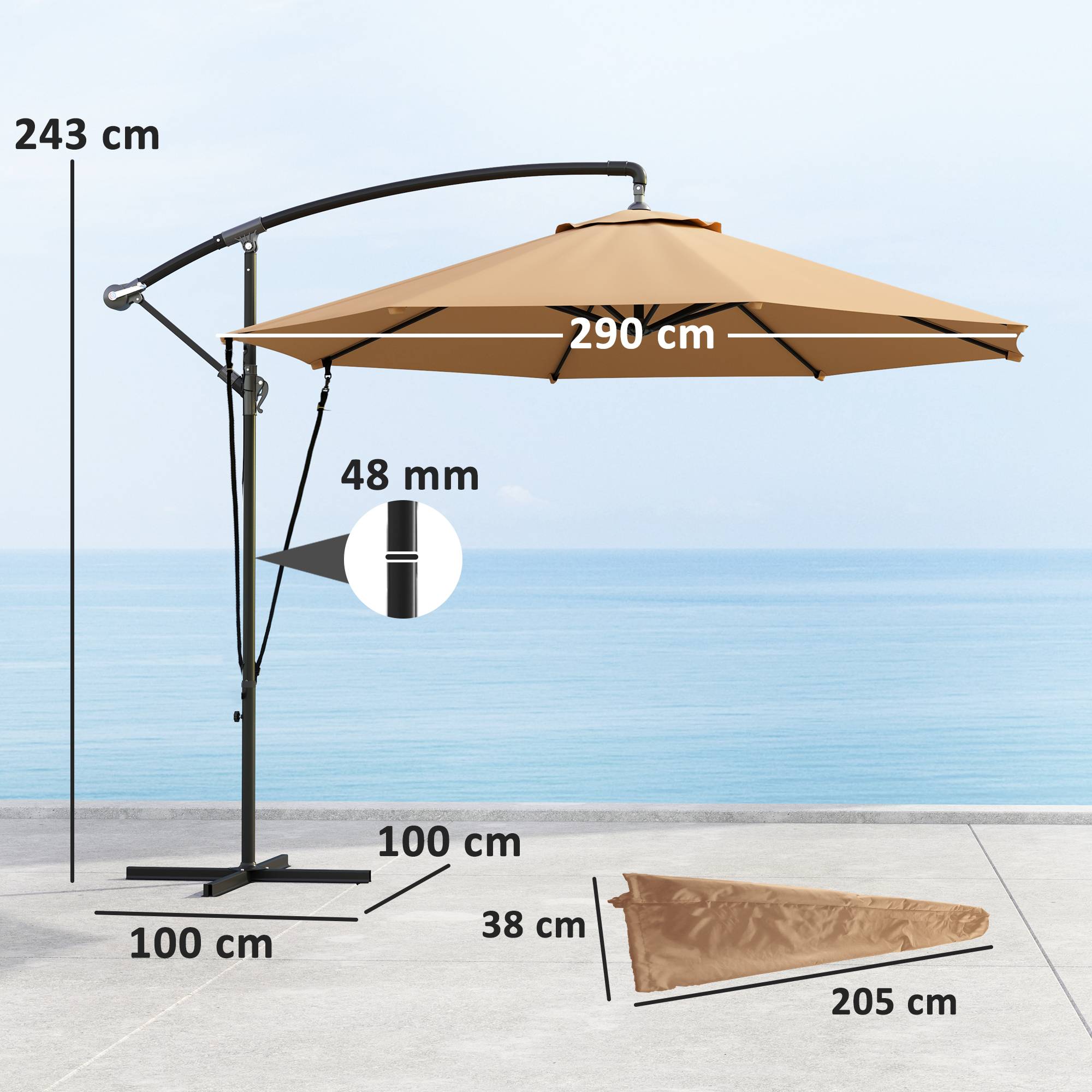 Parasol décentré de 3 m de diamètre avec aérations, base en croix et manivelle, en métal et polyester, kaki - Image 5