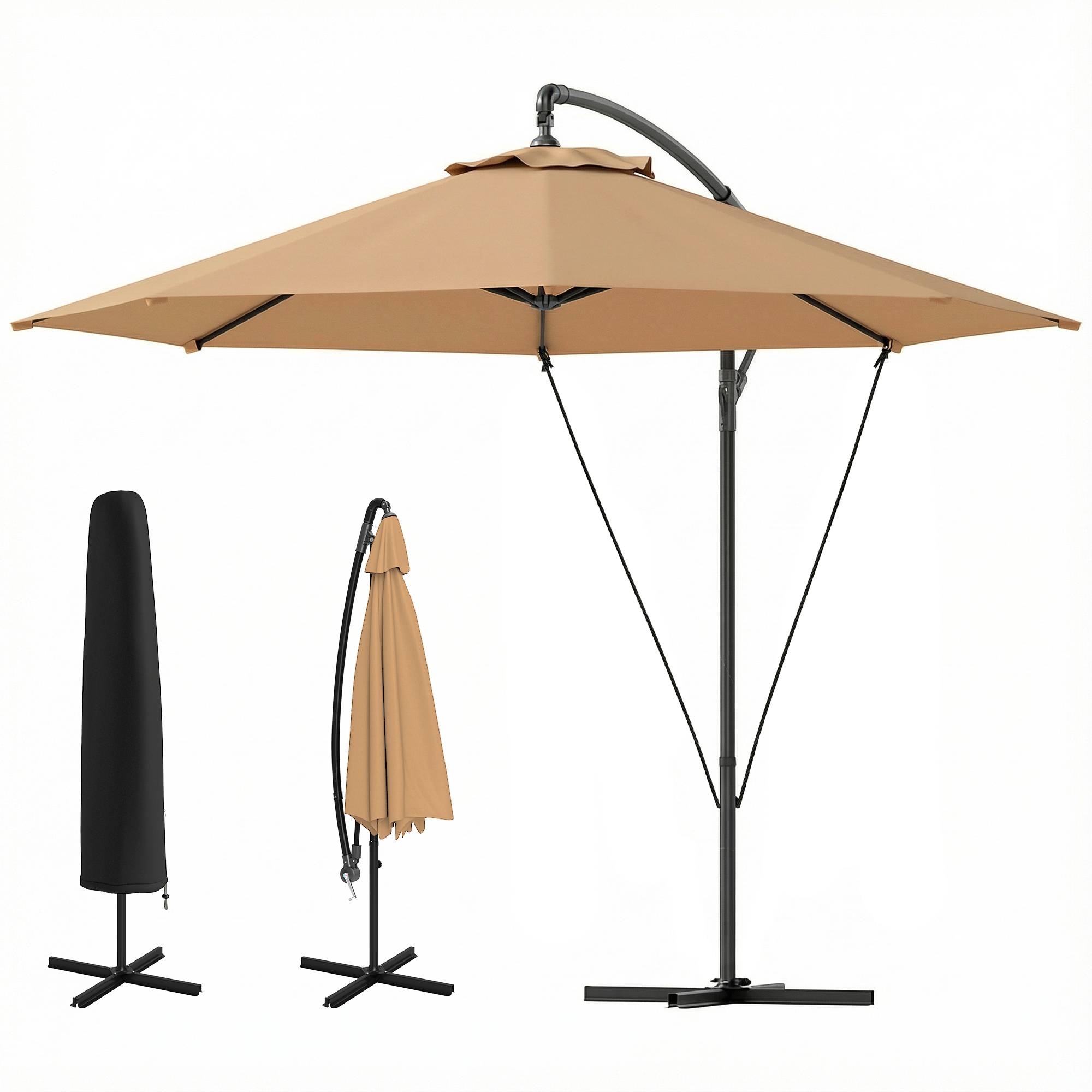 Parasol décentré de 3 m de diamètre avec aérations, base en croix et manivelle, en métal et polyester, kaki - Image 2