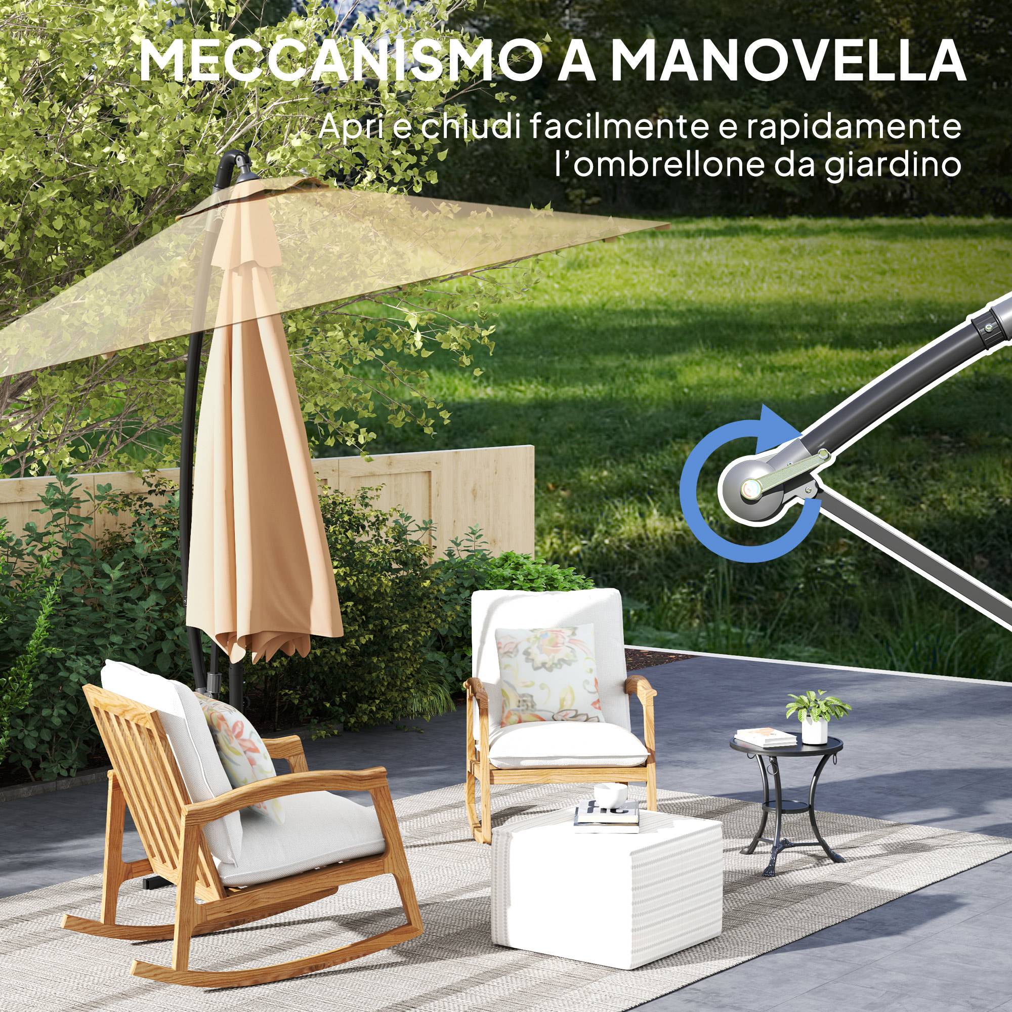Parasol décentré de 3 m de diamètre avec aérations, base en croix et manivelle, en métal et polyester, kaki - Image 10