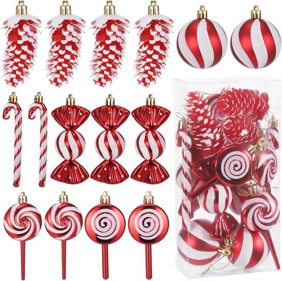 15 pièces de boules de Noël, décorations d'arbre de Noël, cannes de bonbon, pommes de pin, sucettes, bonbons, pendentifs, décorations d'arbre de Noël - Image 1