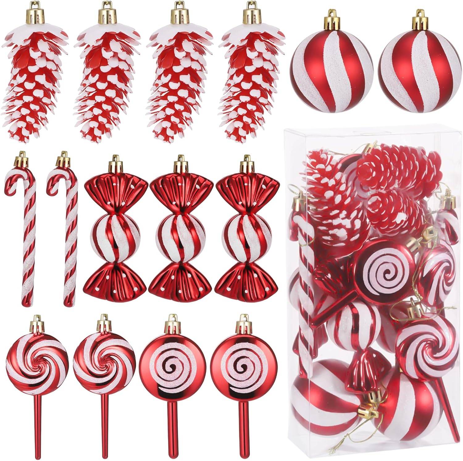 15 pièces de boules de Noël, décorations d'arbre de Noël, cannes de bonbon, pommes de pin, sucettes, bonbons, pendentifs, décorations d'arbre de Noël - Image 1