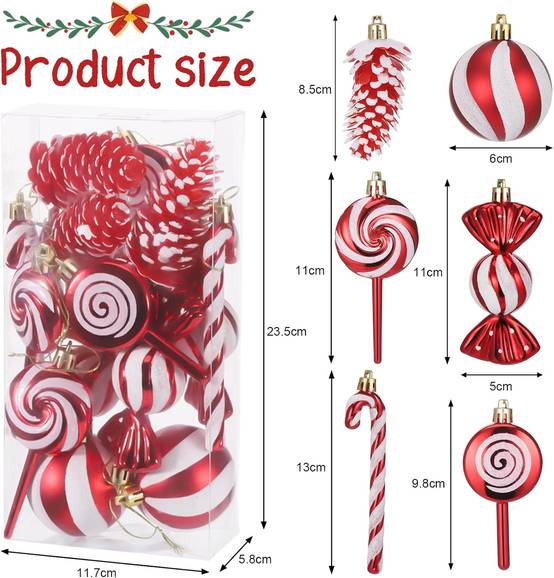 15 pièces de boules de Noël, décorations d'arbre de Noël, cannes de bonbon, pommes de pin, sucettes, bonbons, pendentifs, décorations d'arbre de Noël - Image 3
