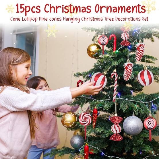 15 pièces de boules de Noël, décorations d'arbre de Noël, cannes de bonbon, pommes de pin, sucettes, bonbons, pendentifs, décorations d'arbre de Noël - Image 4