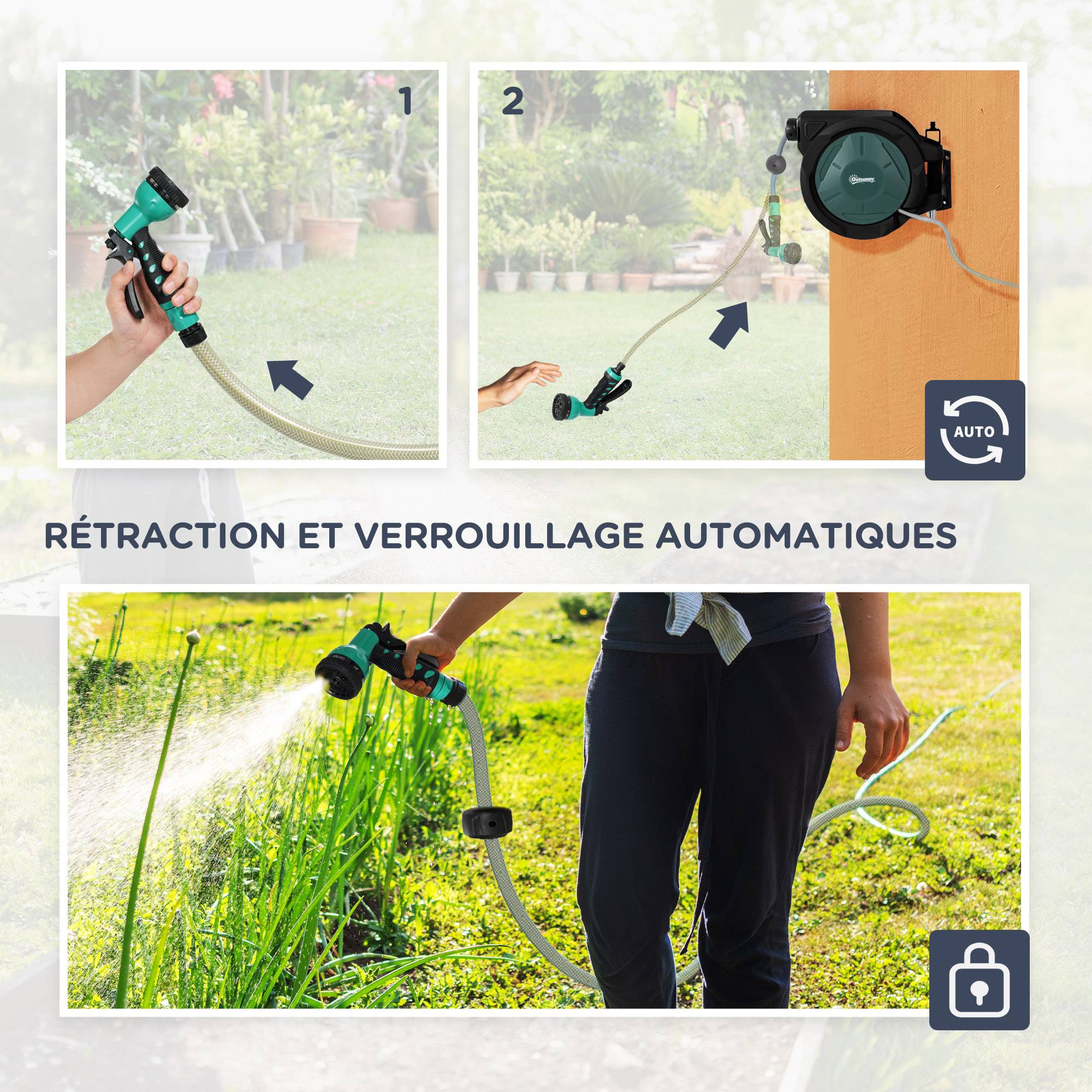 ComfortXL - Enrouleur tuyau d’arrosage mural PP 30+2 m vert Ø 15 mm rebobinage auto 180° - ComfortXL Outdoor Living - Image 7