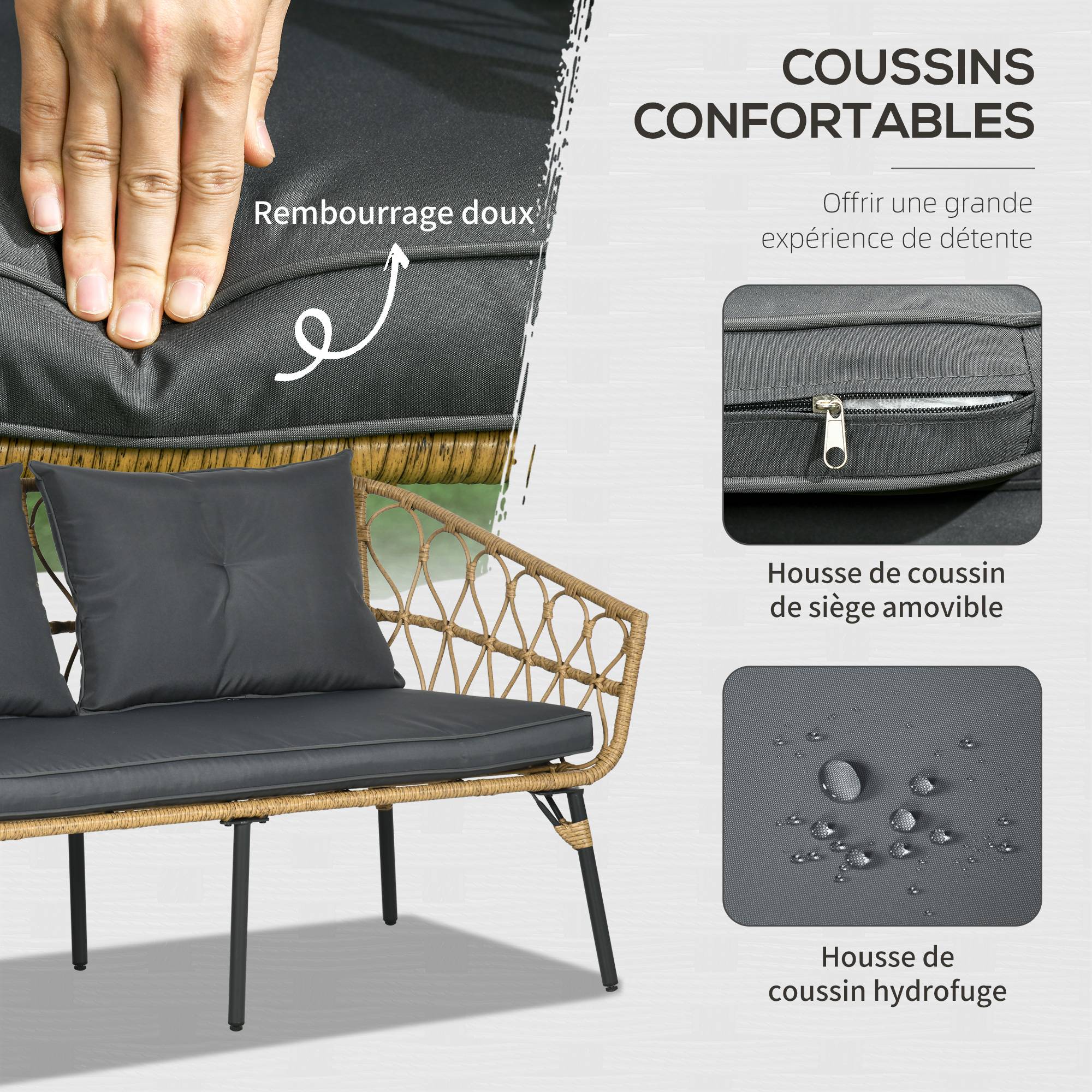 Outsunny - Salon de jardin 4 places 4 pièces style colonial table basse coussins gris inclus résine tressée aspect rotin - Outsunny - Image 4