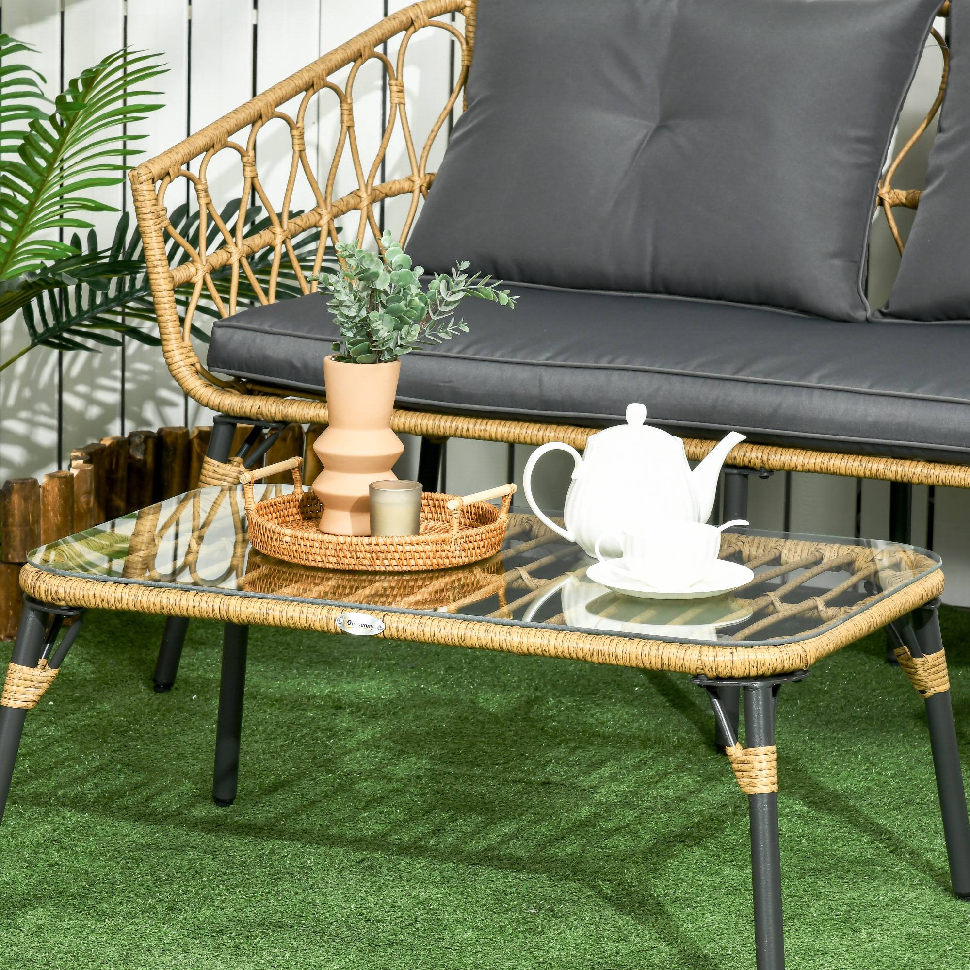 Outsunny - Salon de jardin 4 places 4 pièces style colonial table basse coussins gris inclus résine tressée aspect rotin - Outsunny - Image 7