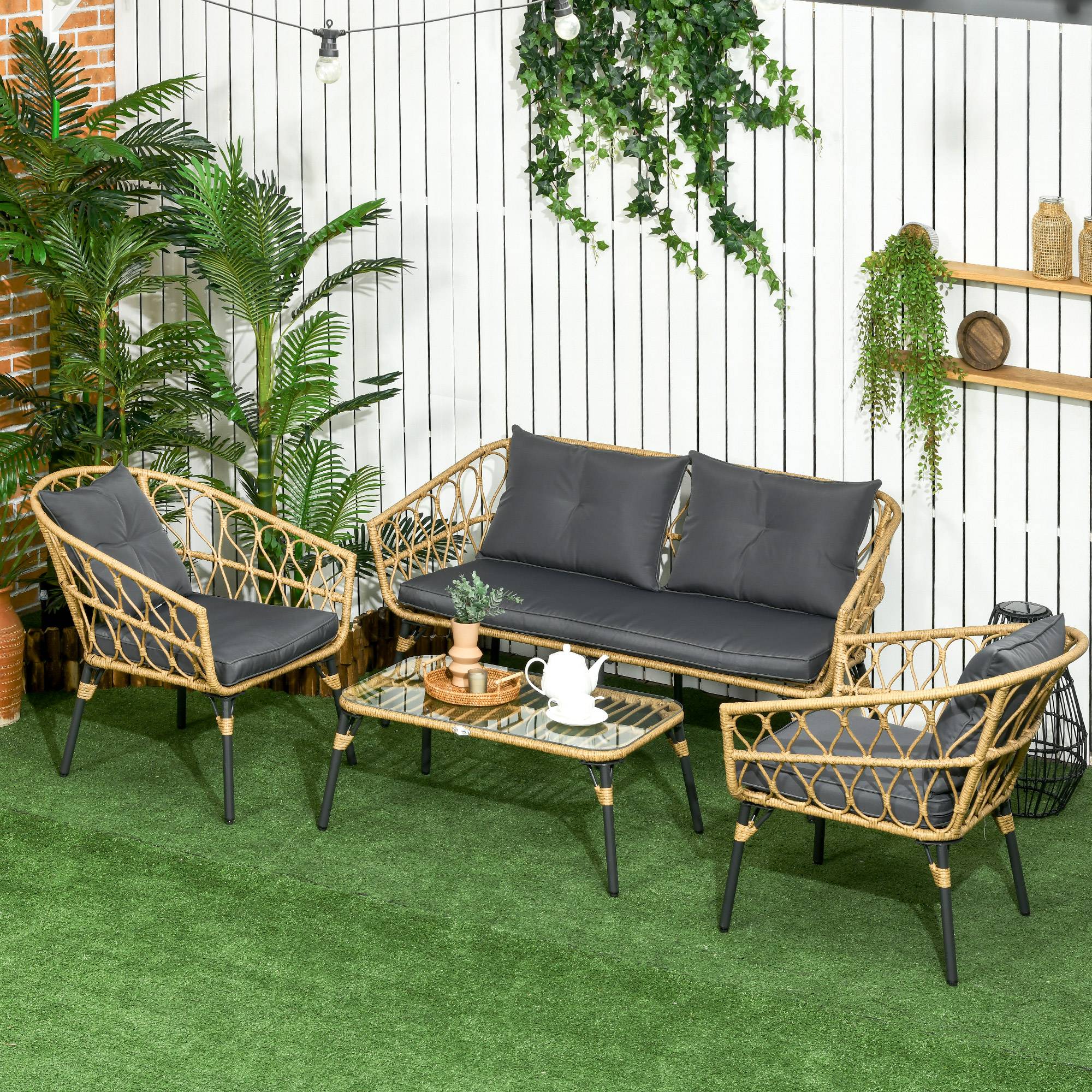 Outsunny - Salon de jardin 4 places 4 pièces style colonial table basse coussins gris inclus résine tressée aspect rotin - Outsunny - Image 2
