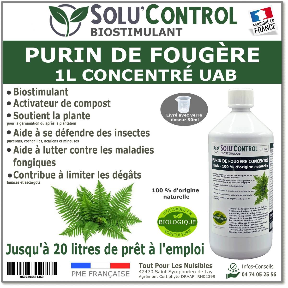 Tout pour les nuisibles - SOLU'CONTROL - Purin de Fougère – 1L Concentré – Biostimulant Naturel – Aide à Se Défendre des Insectes & Maladies Fongiques - Image 1