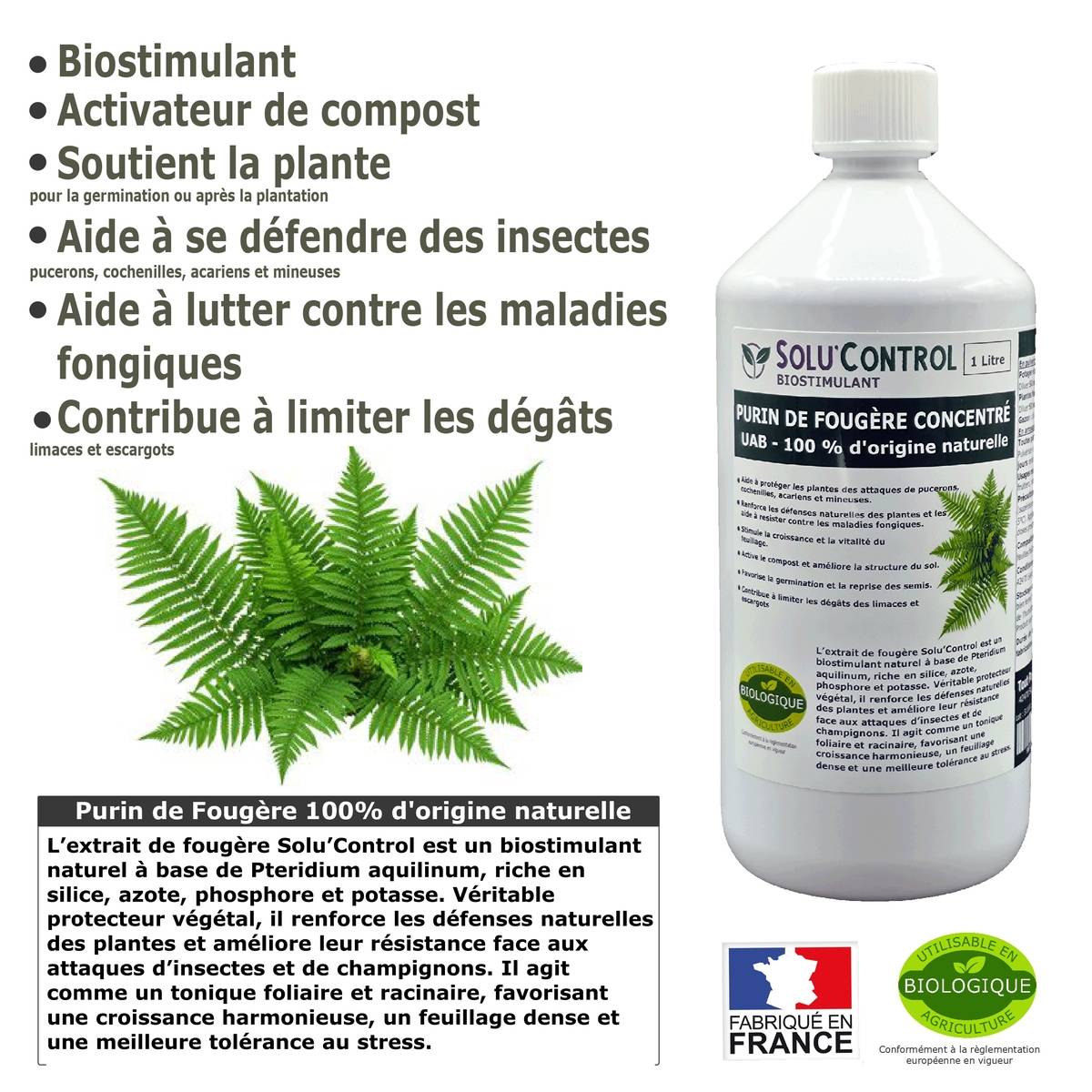 Tout pour les nuisibles - SOLU'CONTROL - Purin de Fougère – 1L Concentré – Biostimulant Naturel – Aide à Se Défendre des Insectes & Maladies Fongiques - Image 2