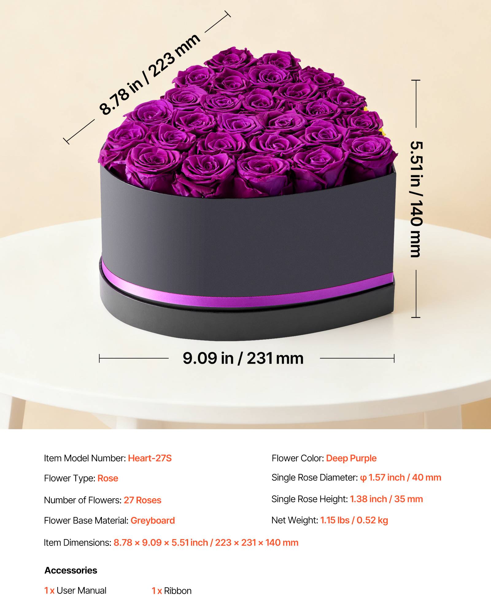 VEVOR Rose Éternelle Fleurs Éternelles Préservées Lot de 27 Boîte en Cœur Violet - Image 7