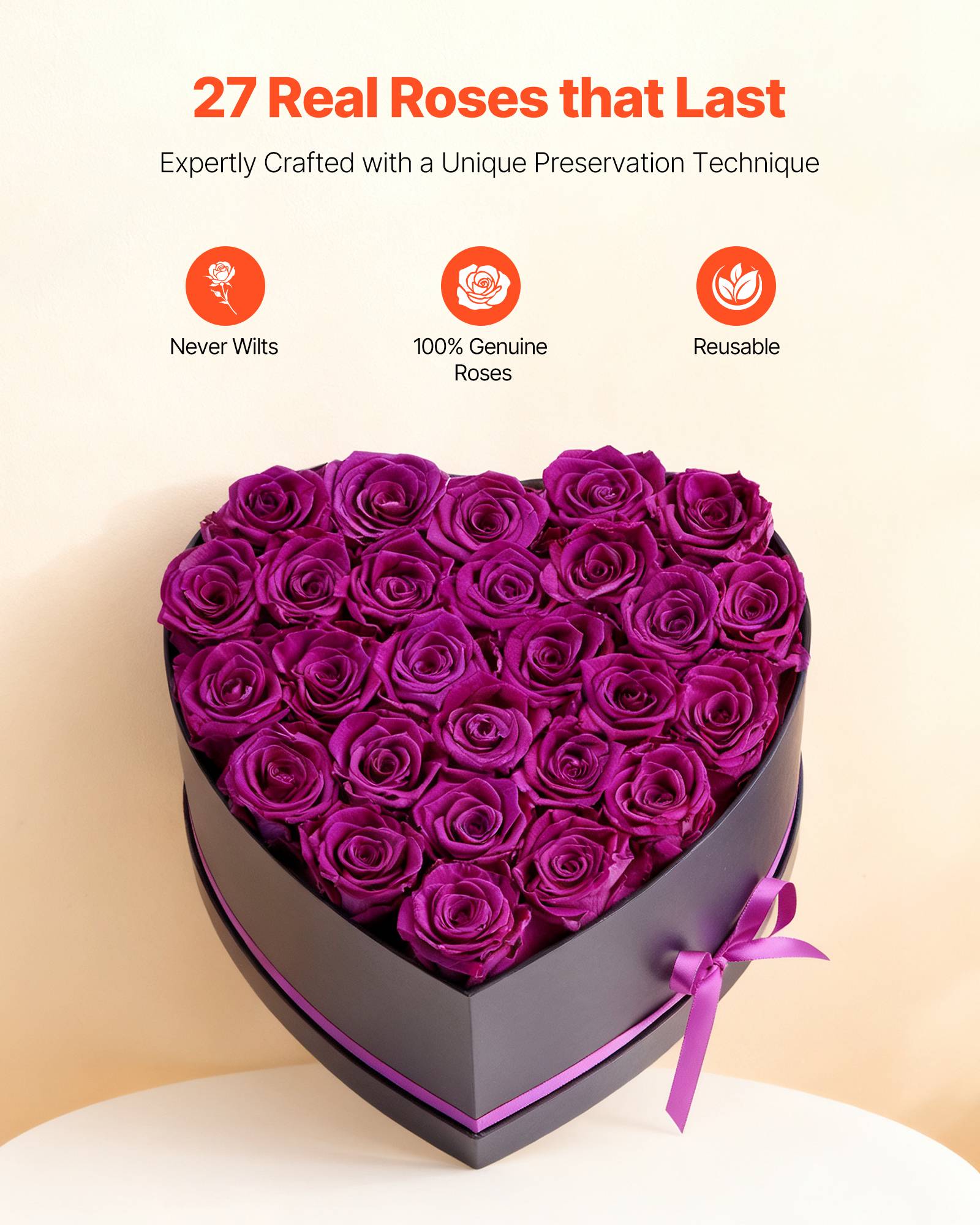VEVOR Rose Éternelle Fleurs Éternelles Préservées Lot de 27 Boîte en Cœur Violet - Image 2