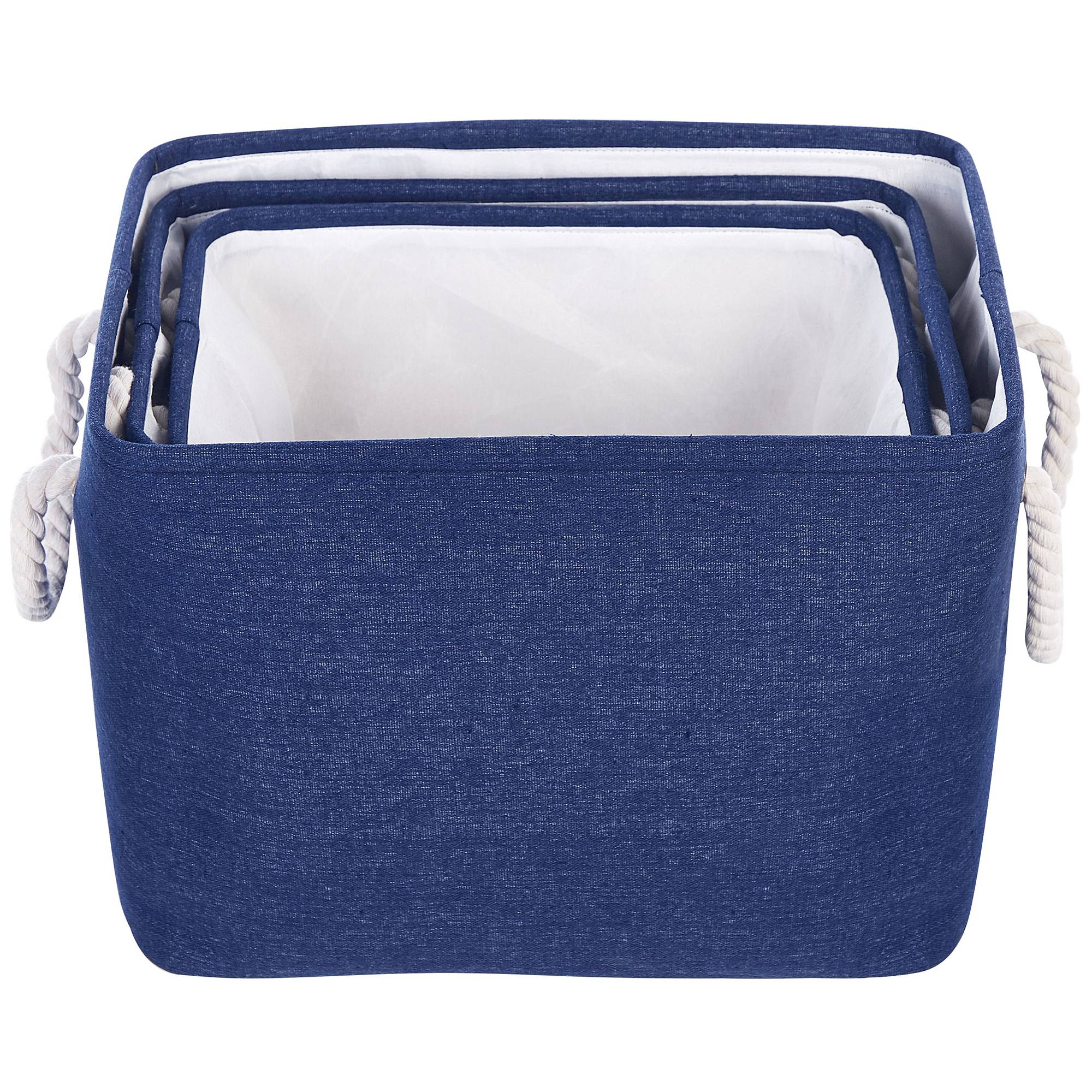 Lot de 3 Paniers de Rangement en Tissu Polyester Bleu Marine avec Poignées en Corde Boite de Rangement Organisation Salon Chambre Design Traditionnel - Image 4