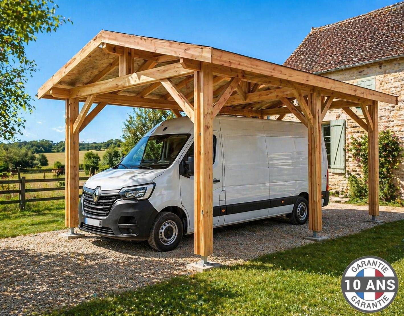 Cpbf Charpentes - Carport camping car 2 pentes en bois douglas 24 m², 6 poteaux. Abri voiture extérieur. Garantie 10 ans.