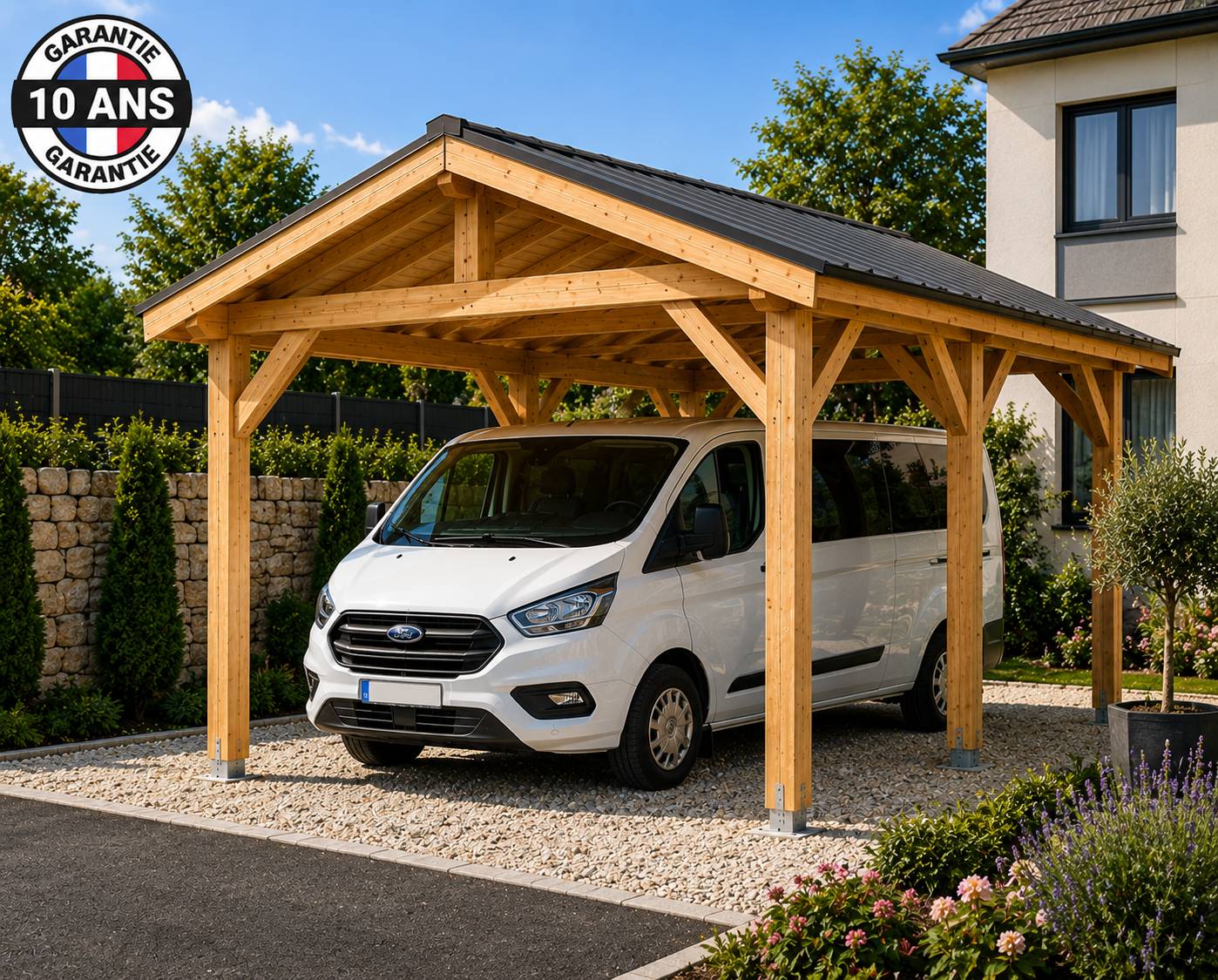 Cpbf Charpentes - Carport camping car 2 pentes en bois douglas 24 m², 6 poteaux. Abri voiture extérieur. Garantie 10 ans. - Image 3