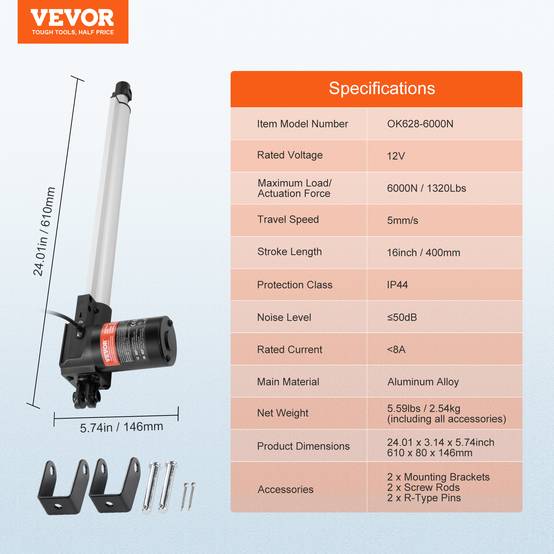 VEVOR Actionneur linéaire 12V 400mm 6000N 5mm/s, IP44, pour portes électriques, machines industrielles, navires. - Image 7