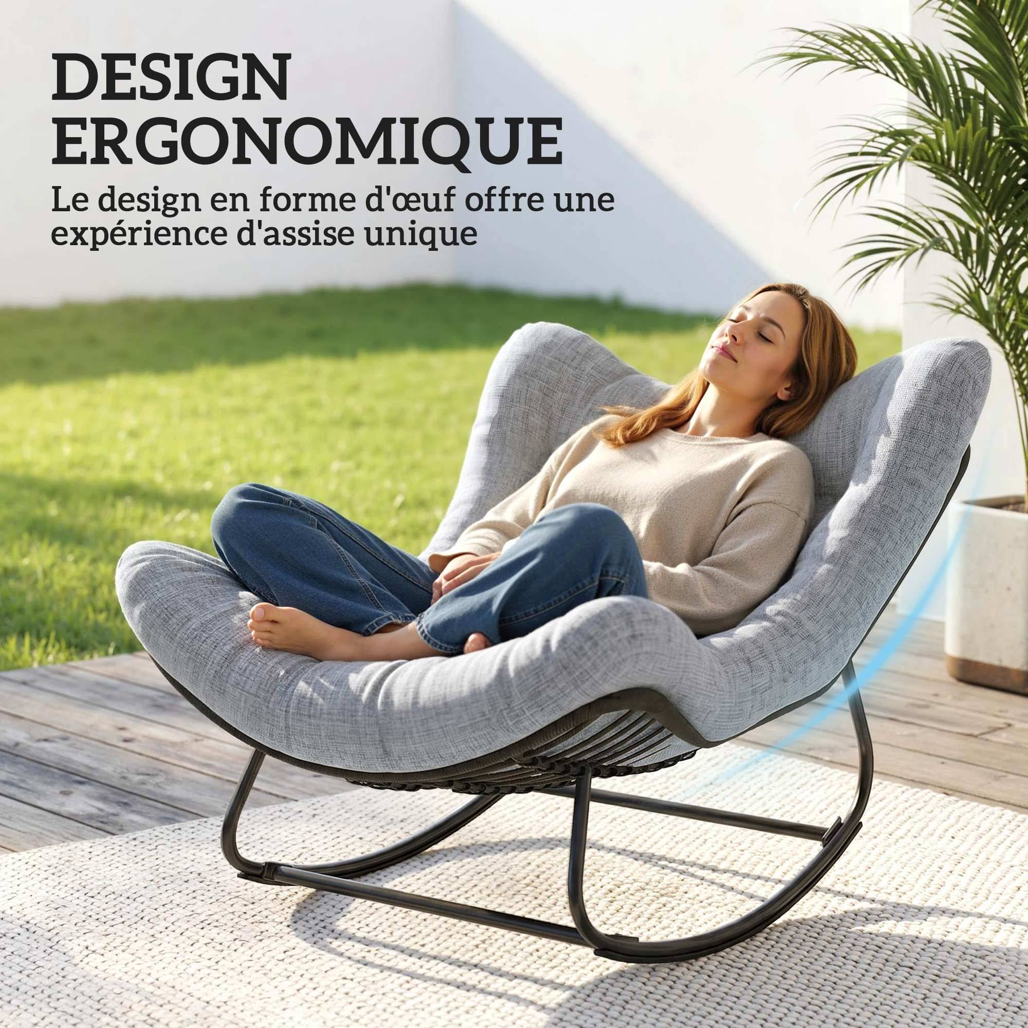 Fauteuil à bascule œuf Rotin PE Intérieur & extérieur Balancement doux 111x98x74cm Gris - ComfortXL Outdoor Living - Image 6