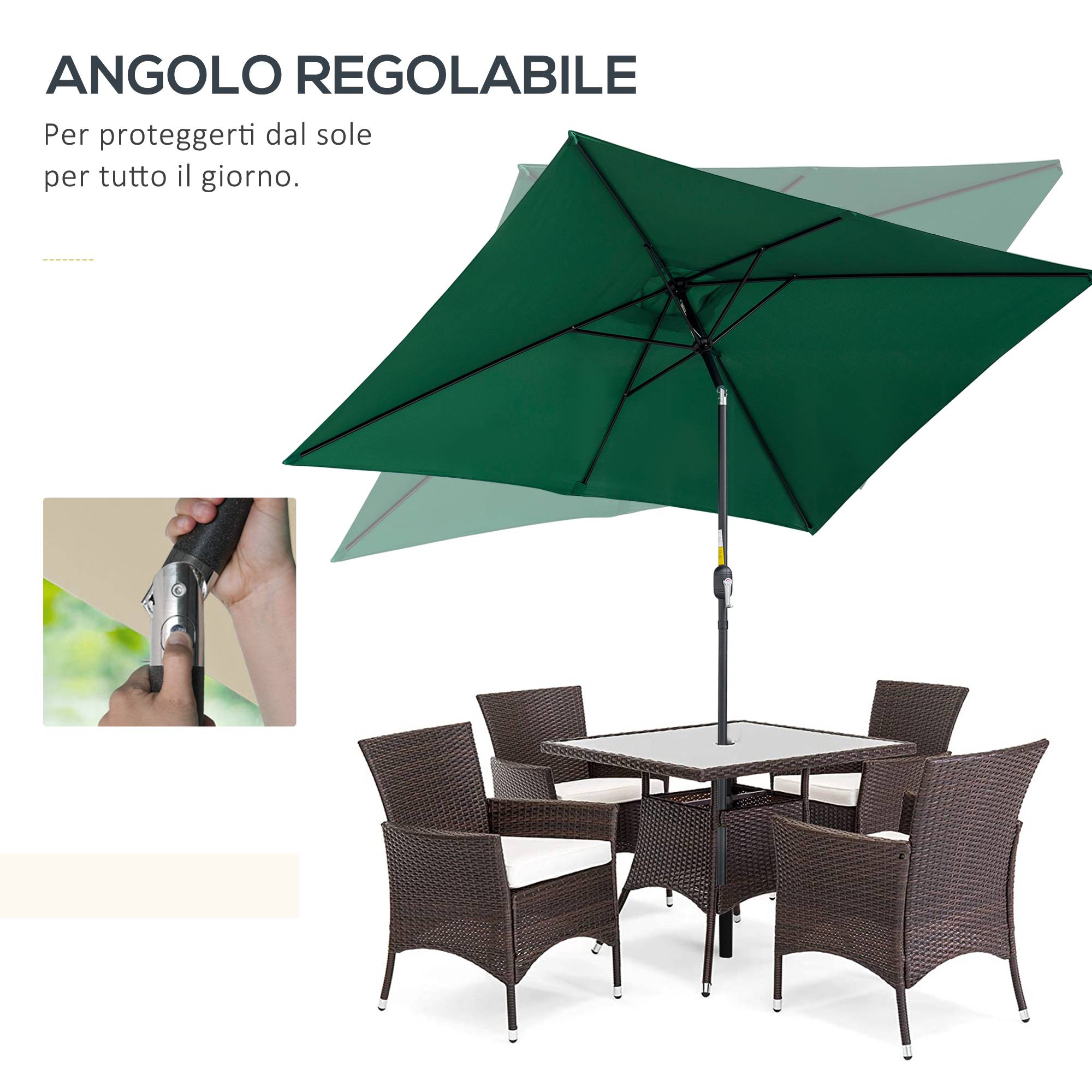 Parasol Rectangulaire Aluminium Jardin Terrasse Inclinable 295x195 cm Vert - ComfortXL Outdoor Living - Image 6
