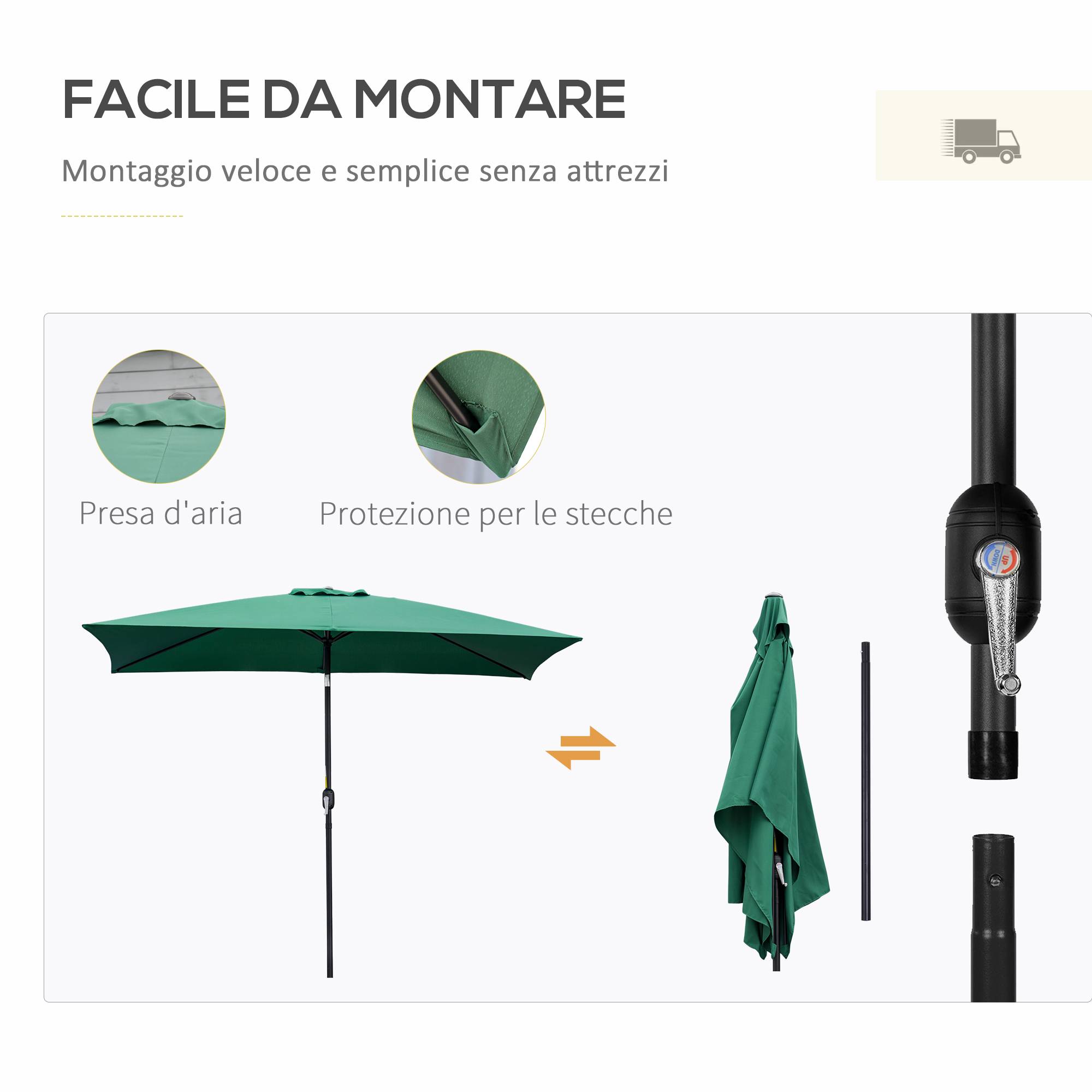 Parasol Rectangulaire Aluminium Jardin Terrasse Inclinable 295x195 cm Vert - ComfortXL Outdoor Living - Image 8