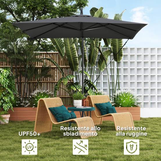 Parasol déporté réglable avec base en croix et manivelle, en acier et polyester, 247x247x256, gris foncé - Image 7