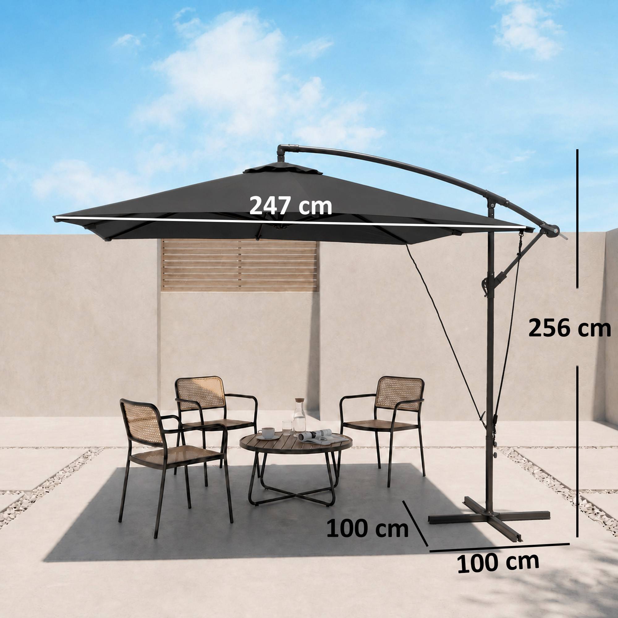 Parasol déporté réglable avec base en croix et manivelle, en acier et polyester, 247x247x256, gris foncé - Image 5