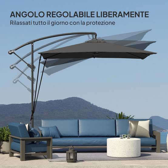 Parasol déporté réglable avec base en croix et manivelle, en acier et polyester, 247x247x256, gris foncé - Image 8