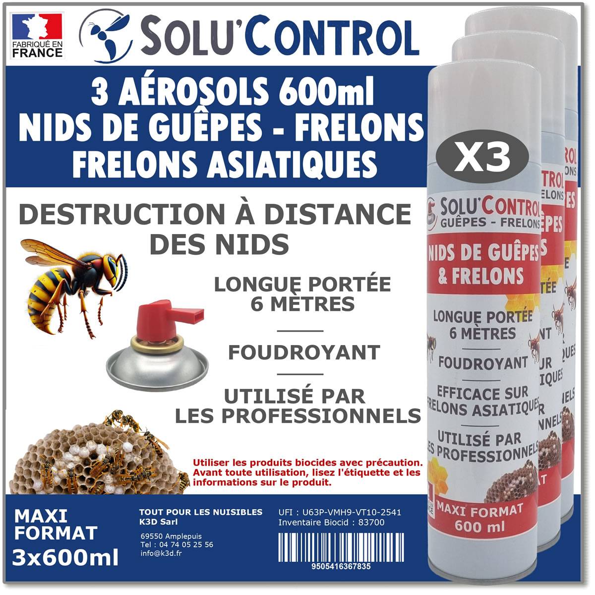 3 Bombes 600ml pour Guêpes, Frelons, Frelons Asiatiques - Destruction des nids - Longue portée 6m
