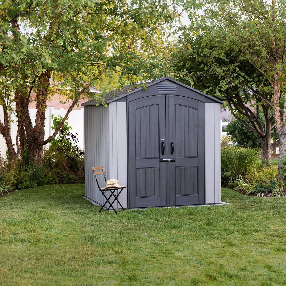 Habrita - Abri résine PEHD 4,57m2 - imitation bois grand volume + plancher - toit 2 pentes Habrita