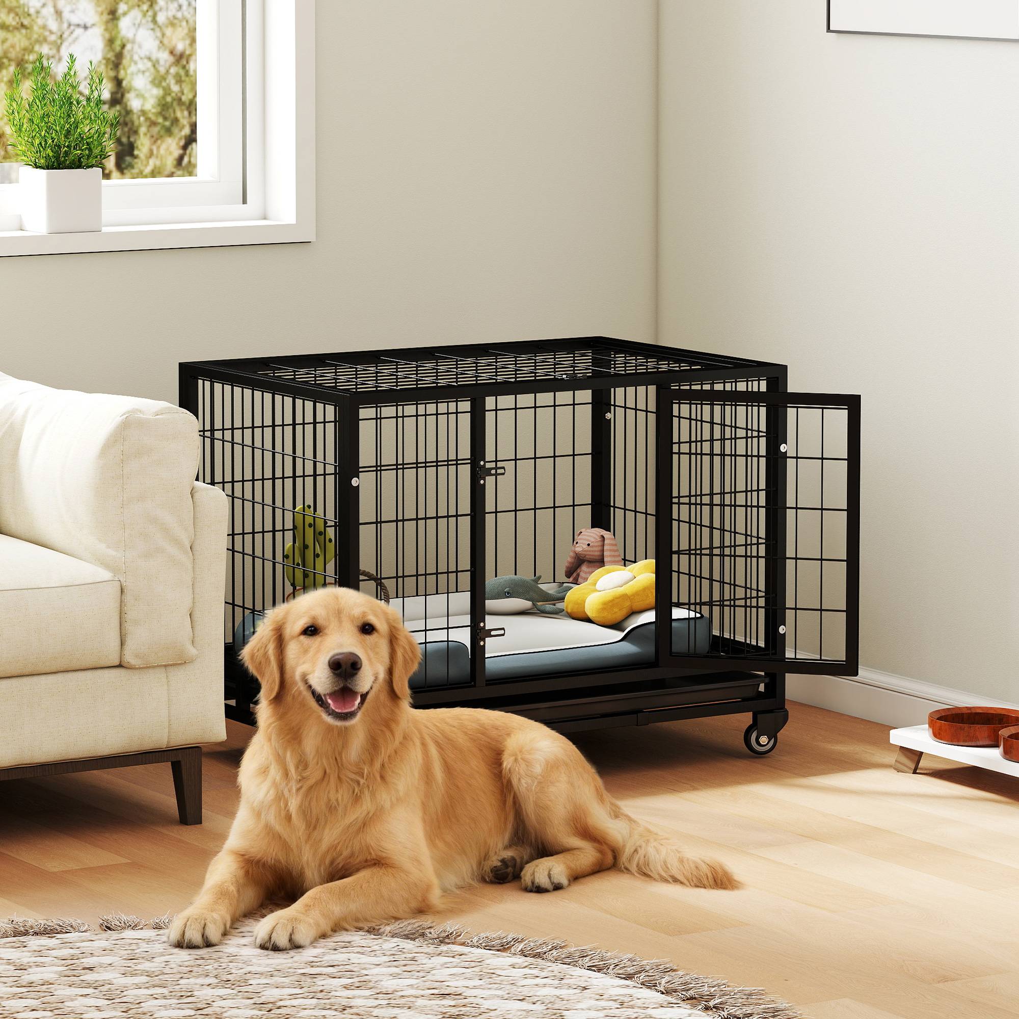 Cage métallique pour chien, roues et freins, bac amovible, porte verrouillable, 92x62x75 cm, noir - Image 4