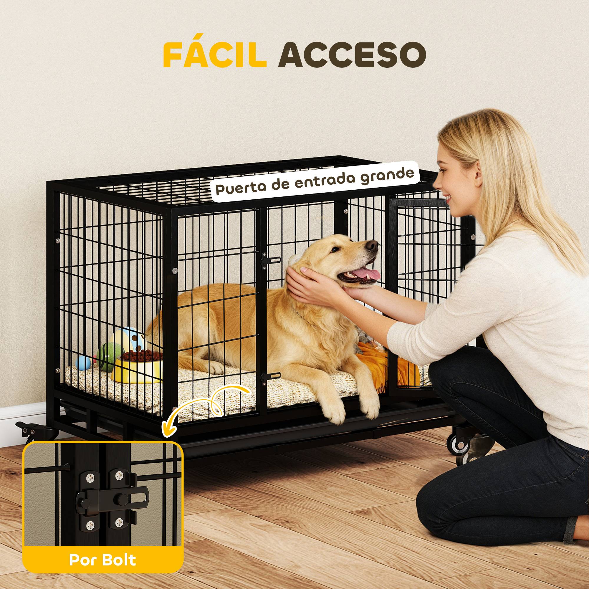 Cage métallique pour chien, roues et freins, bac amovible, porte verrouillable, 92x62x75 cm, noir - Image 7