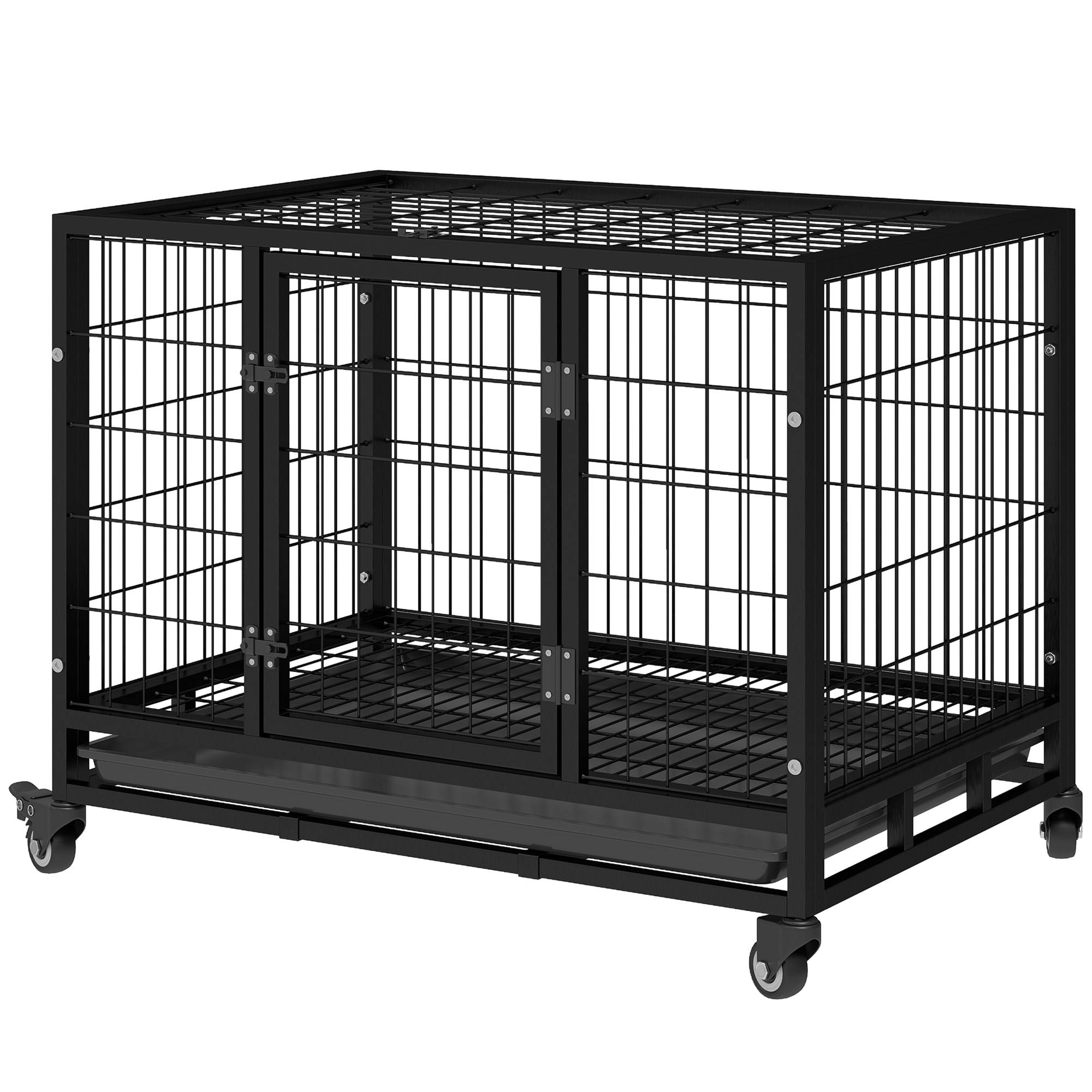 Cage métallique pour chien, roues et freins, bac amovible, porte verrouillable, 92x62x75 cm, noir - Image 2