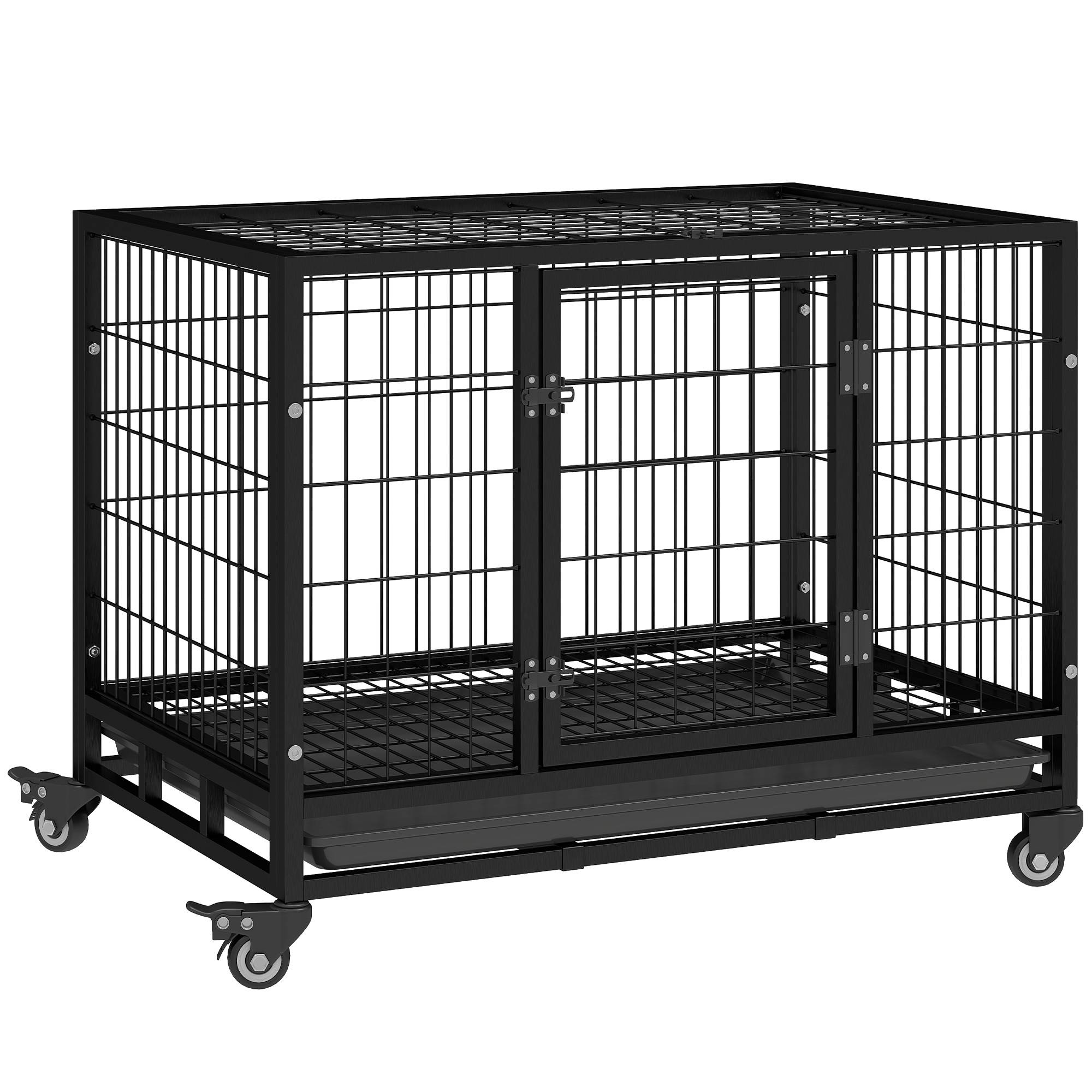 Cage métallique pour chien, roues et freins, bac amovible, porte verrouillable, 92x62x75 cm, noir - Image 1