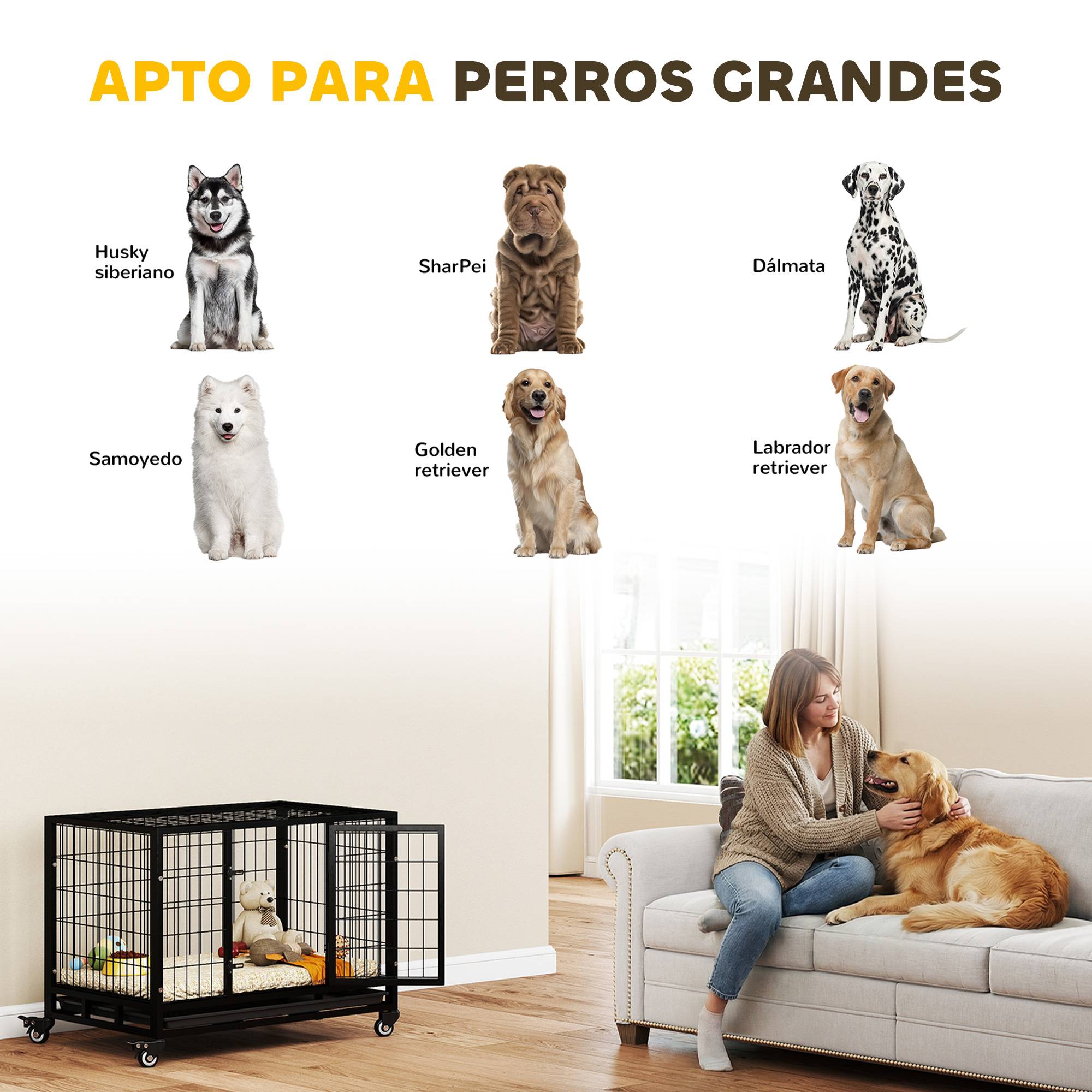 Cage métallique pour chien, roues et freins, bac amovible, porte verrouillable, 92x62x75 cm, noir - Image 9