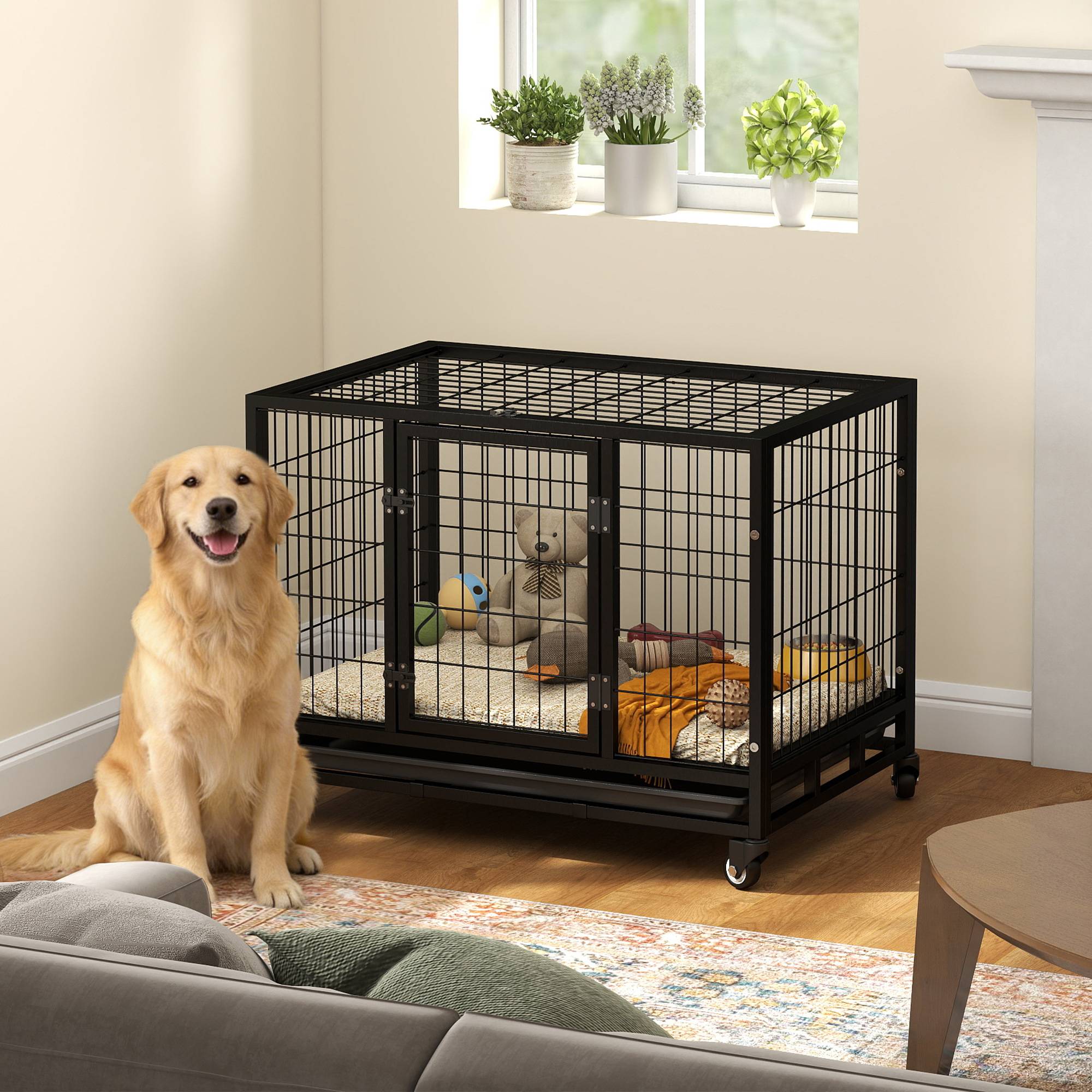 Cage métallique pour chien, roues et freins, bac amovible, porte verrouillable, 92x62x75 cm, noir - Image 3